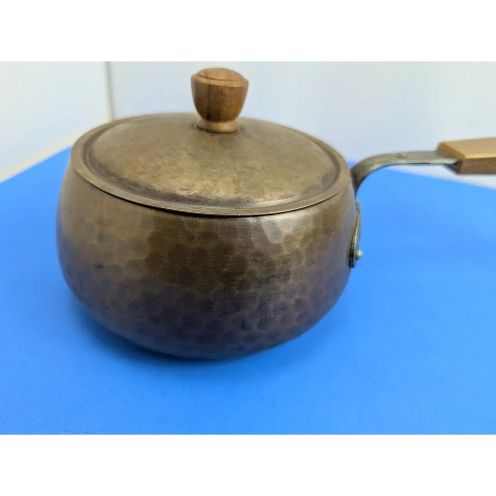 Vintage Swiss Made Stockli Hammered Copper Metal Chef Pot Wood Handle for Stove